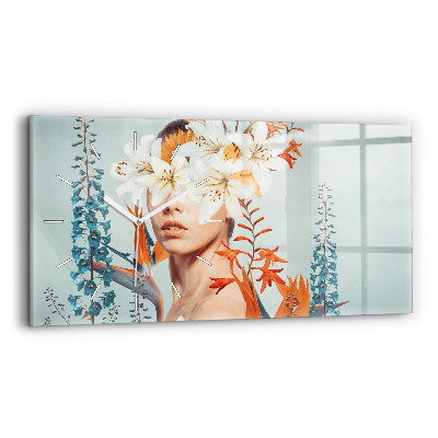 Horizontal wall clock Woman with flowers