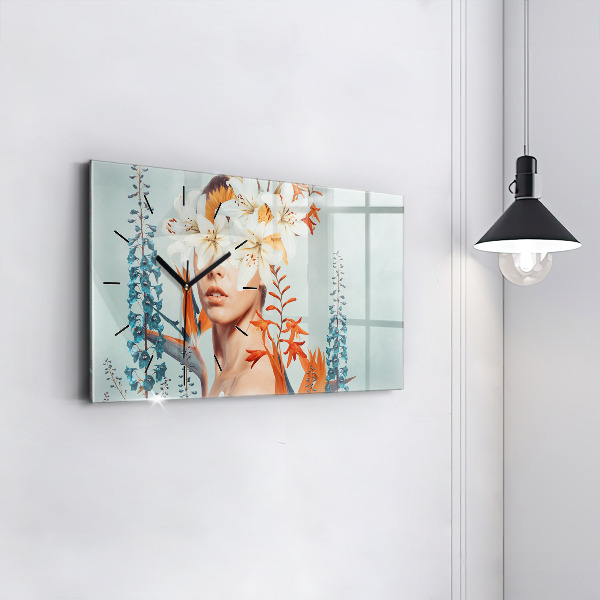 Horizontal wall clock Woman with flowers