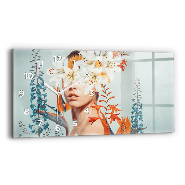 Horizontal wall clock Woman with flowers