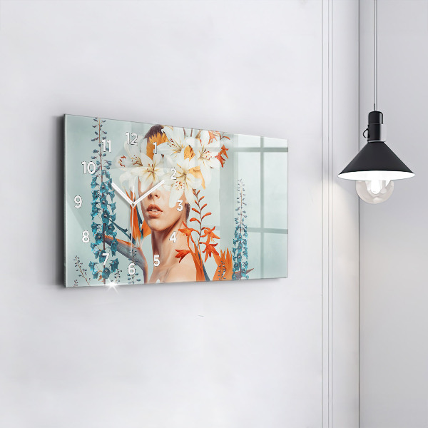 Horizontal wall clock Woman with flowers