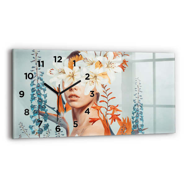 Horizontal wall clock Woman with flowers