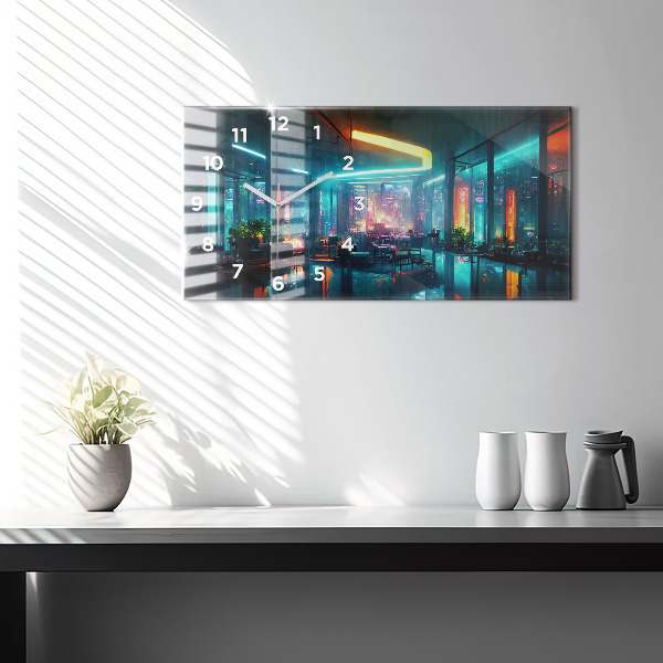 Horizontal wall clock Cyberpunk style city