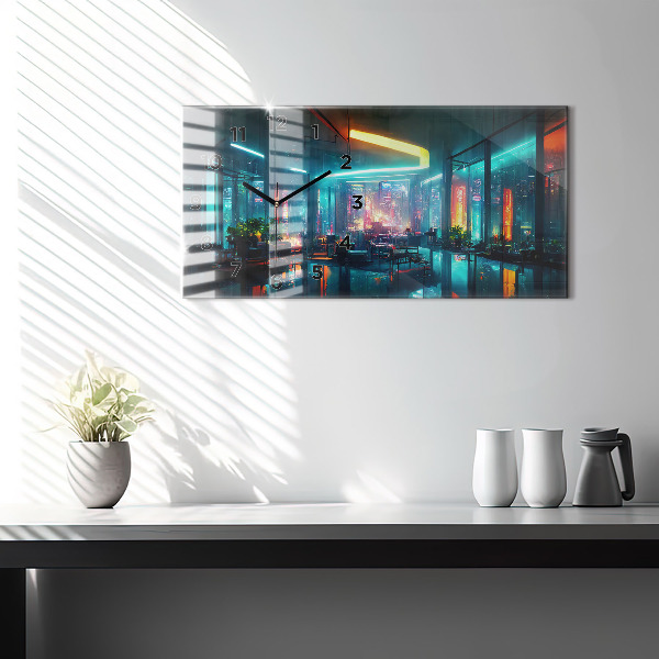 Horizontal wall clock Cyberpunk style city