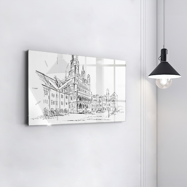 Horizontal wall clock Sketch of the old town of Poznań