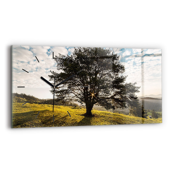 Horizontal wall clock A tree on a hill