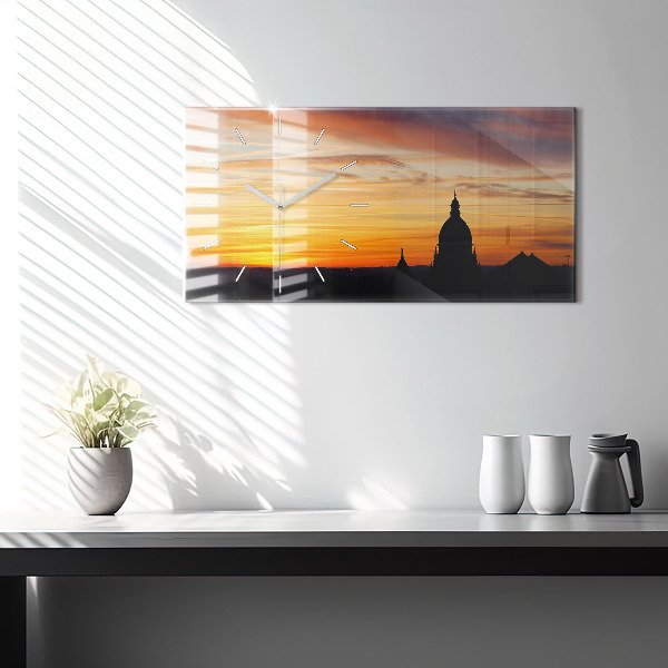 Horizontal wall clock Building and sunset
