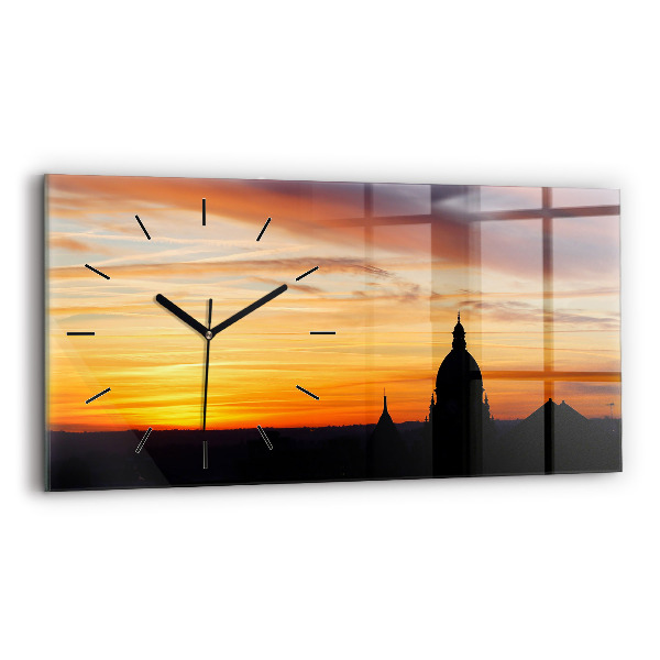 Horizontal wall clock Building and sunset