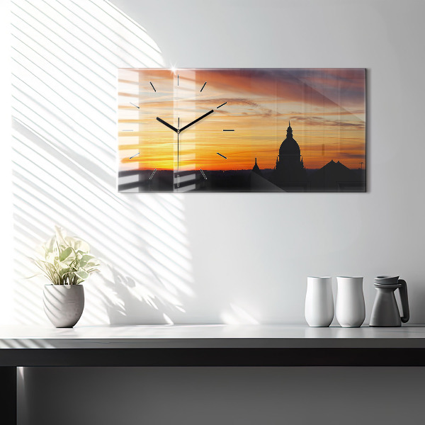 Horizontal wall clock Building and sunset