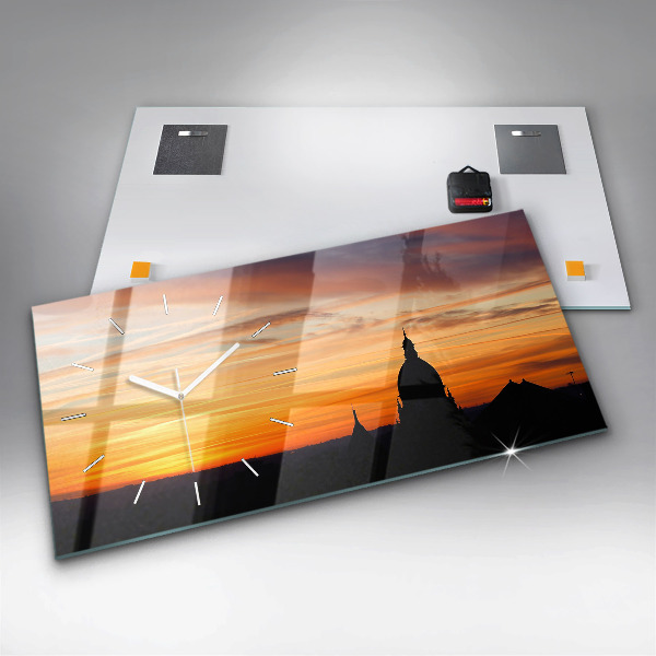 Horizontal wall clock Building and sunset