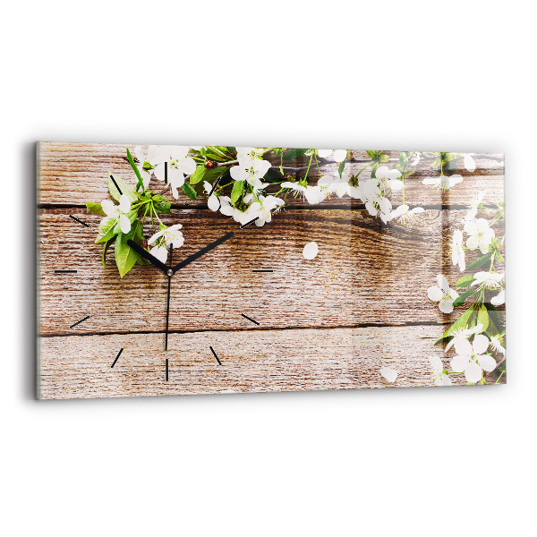 Horizontal wall clock Flowers on wood