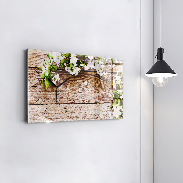 Horizontal wall clock Flowers on wood