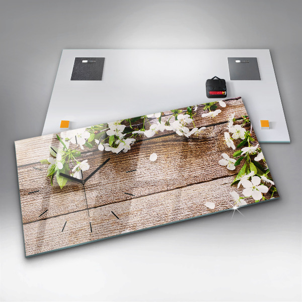 Horizontal wall clock Flowers on wood