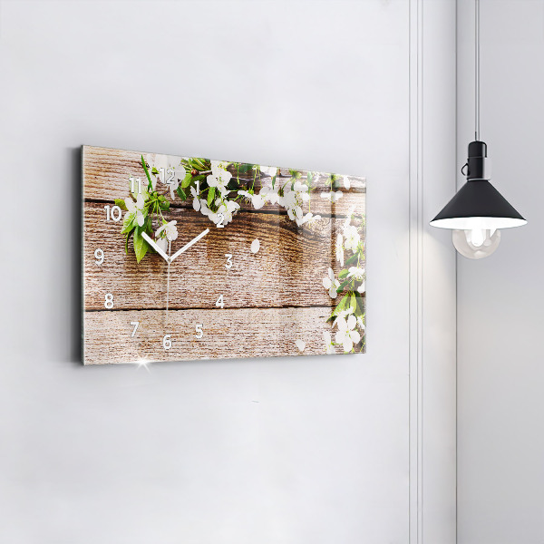 Horizontal wall clock Flowers on wood