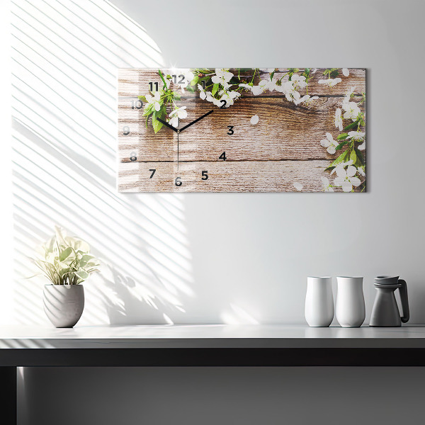 Horizontal wall clock Flowers on wood
