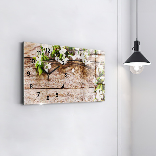 Horizontal wall clock Flowers on wood
