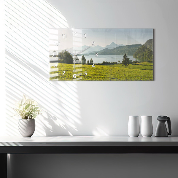Horizontal wall clock Mountains and field