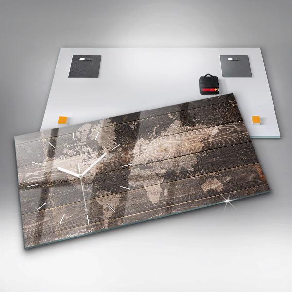 Horizontal wall clock World map on wood