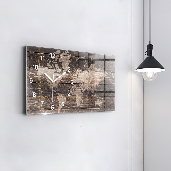 Horizontal wall clock World map on wood