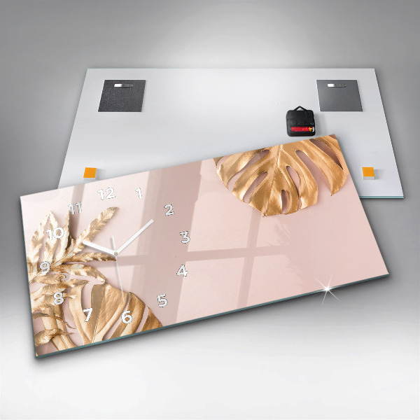 Horizontal wall clock Golden tropical leaves