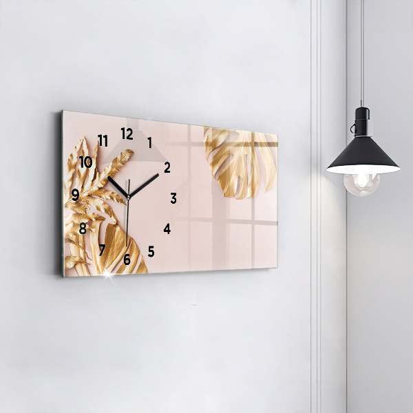 Horizontal wall clock Golden tropical leaves