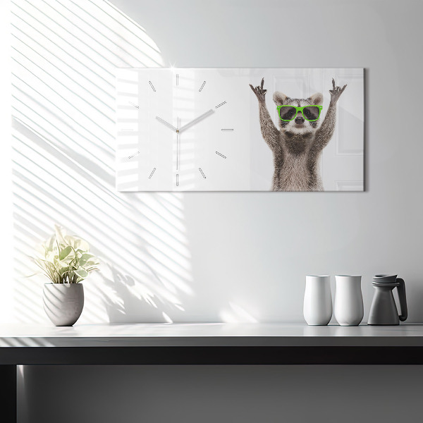 Horizontal wall clock Raccoon with glasses