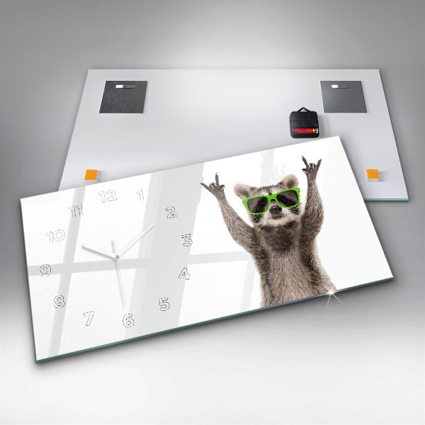 Horizontal wall clock Raccoon with glasses