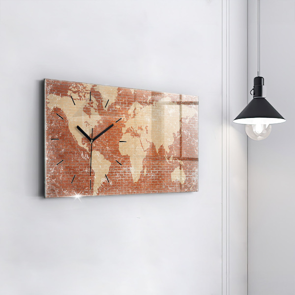 Horizontal wall clock World Map on Brick