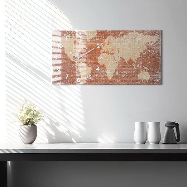 Horizontal wall clock World Map on Brick