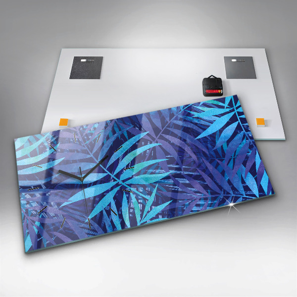 Horizontal wall clock Blue leaves