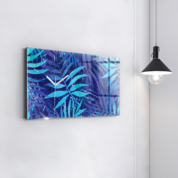 Horizontal wall clock Blue leaves