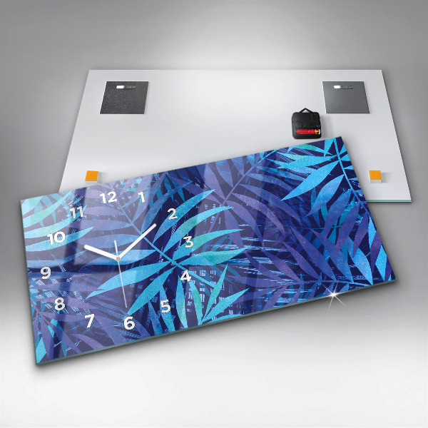 Horizontal wall clock Blue leaves
