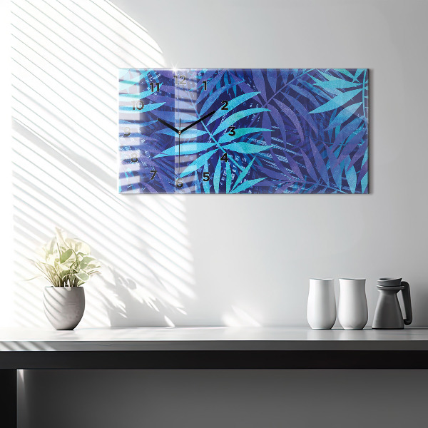 Horizontal wall clock Blue leaves