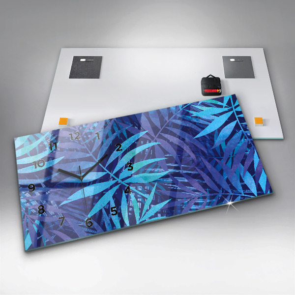 Horizontal wall clock Blue leaves