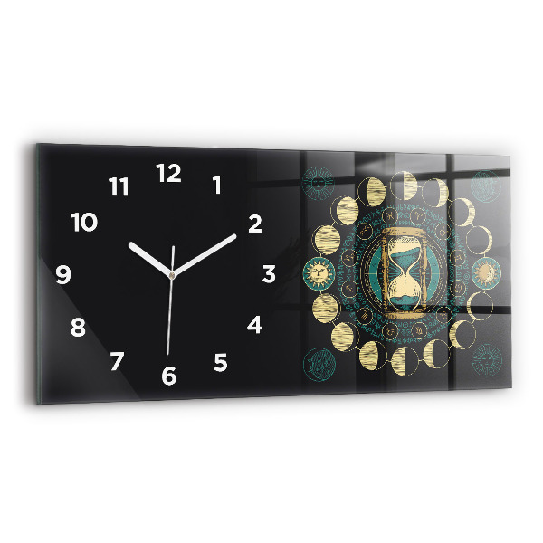 Horizontal wall clock Moon phases and hourglass