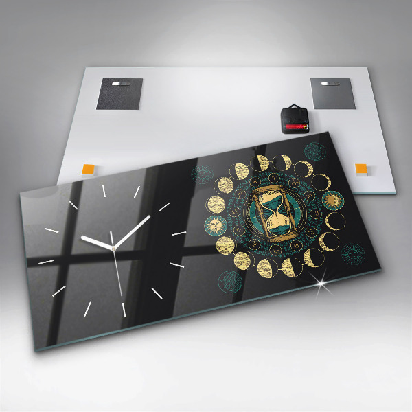 Horizontal wall clock Moon phases and hourglass