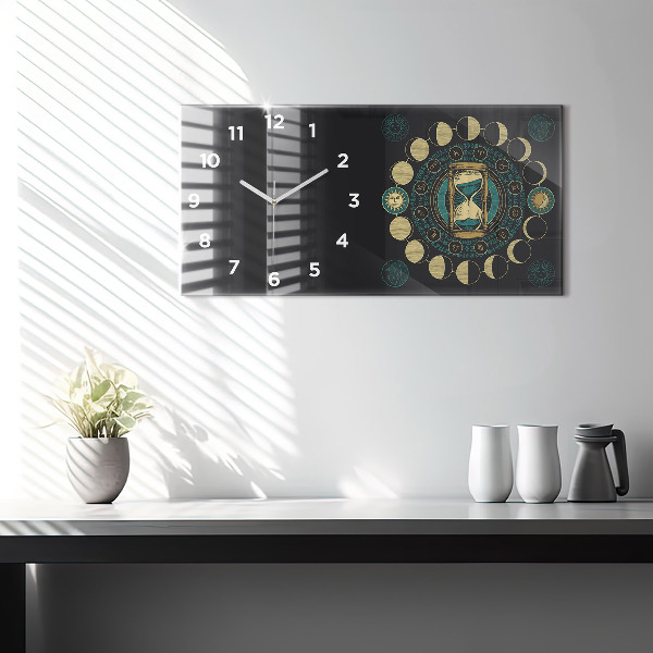 Horizontal wall clock Moon phases and hourglass