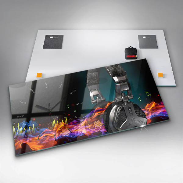 Horizontal wall clock Headphones and sound waves