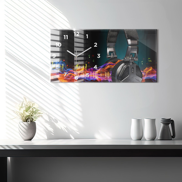 Horizontal wall clock Headphones and sound waves