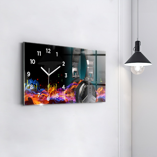 Horizontal wall clock Headphones and sound waves