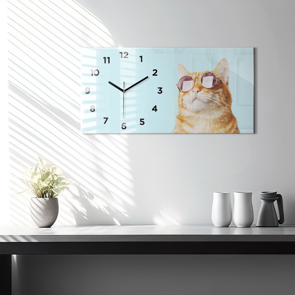 Horizontal wall clock Funny cat with glasses