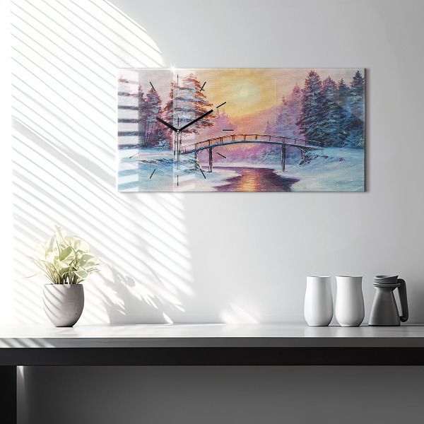 Horizontal wall clock Christmas tree and bridge