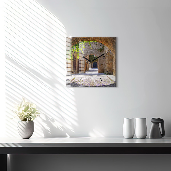 Square wall clock Picturesque street of Rhodes