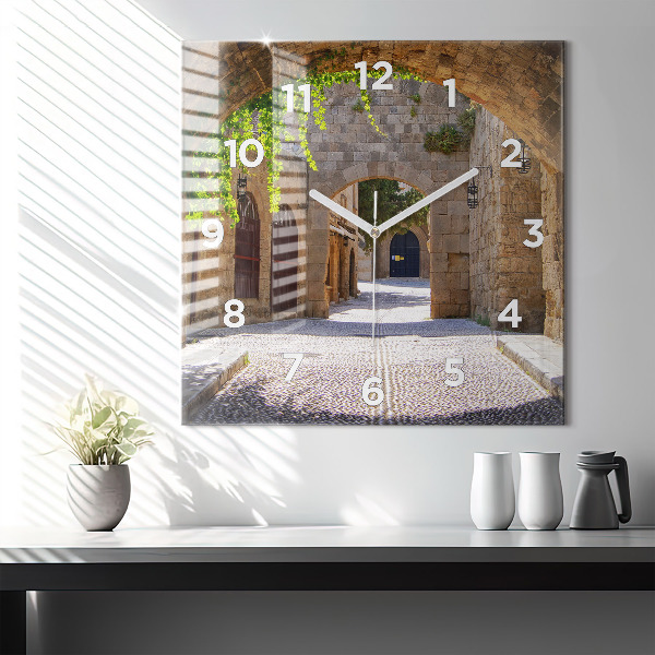 Square wall clock Picturesque street of Rhodes