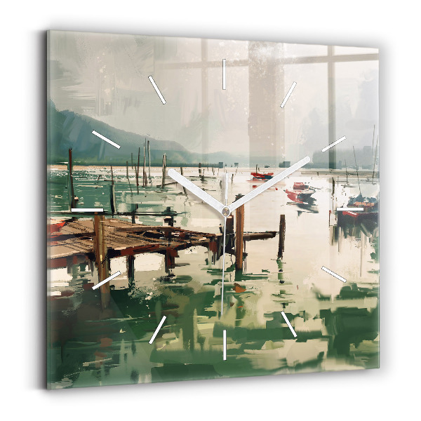 Square wall clock Fishing boats in the port