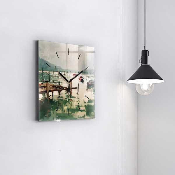 Square wall clock Fishing boats in the port