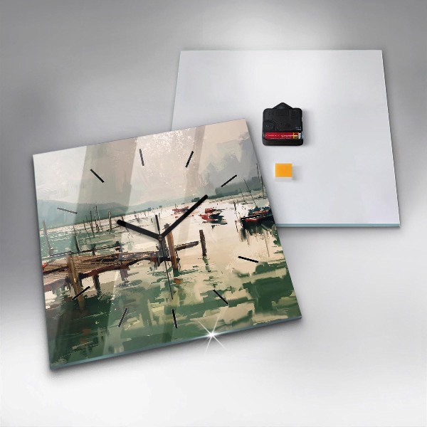 Square wall clock Fishing boats in the port