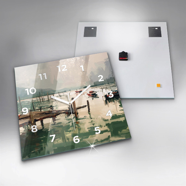 Square wall clock Fishing boats in the port