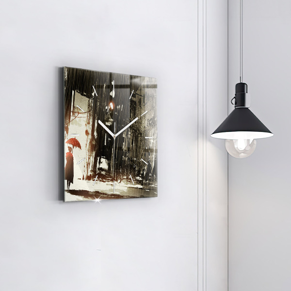 Square wall clock Woman on a rainy night