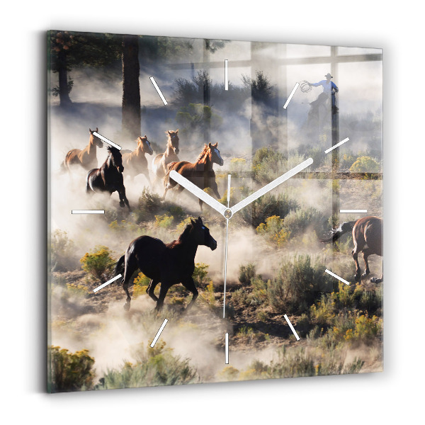 Square wall clock A herd of rushing horses