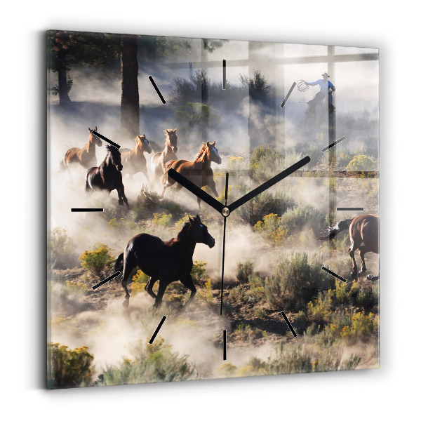 Square wall clock A herd of rushing horses